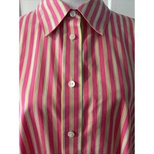 FOXCROFT Non-Iron Women’s 18 Button Up Shirt Fitted Fit Pink Stripe 3/4 Sleeve